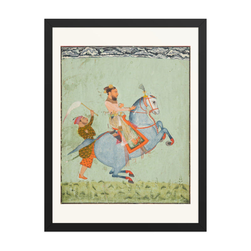 Prince Mathu Singh of Jatoli on a Blue Horse Riding to Udaipur — Restored Rajput Wall Art