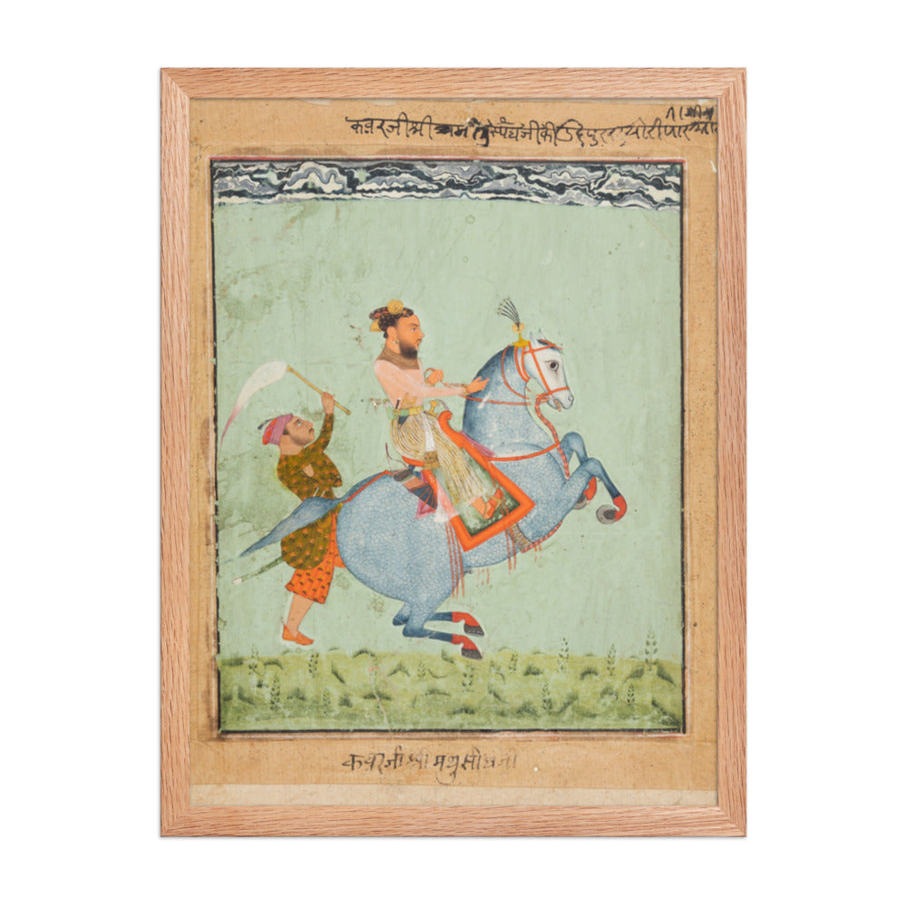 Prince Mathu Singh of Jatoli on a Blue Horse Riding to Udaipur — Restored Rajput Wall Art — view 3