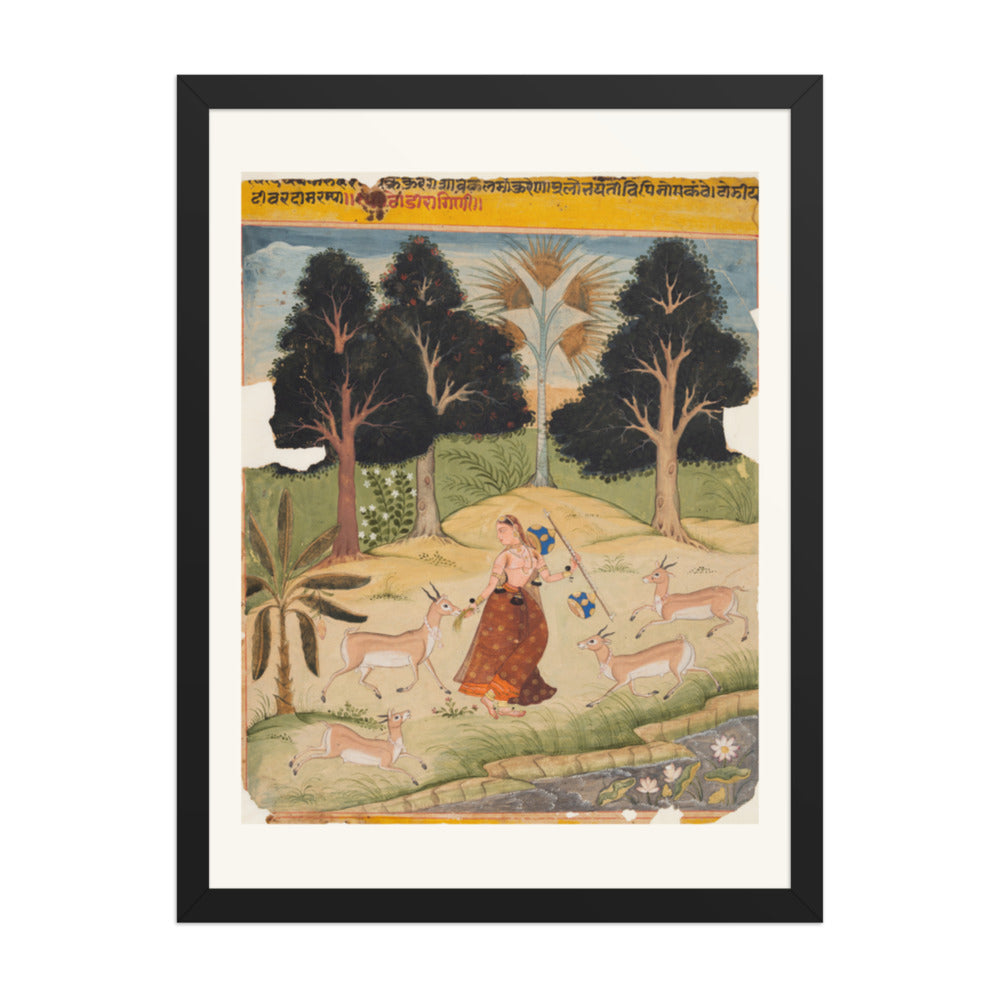 Woman Feeding Deer: Todi Ragini, from a Ragamala — Restored Rajput Wall Art — view 1