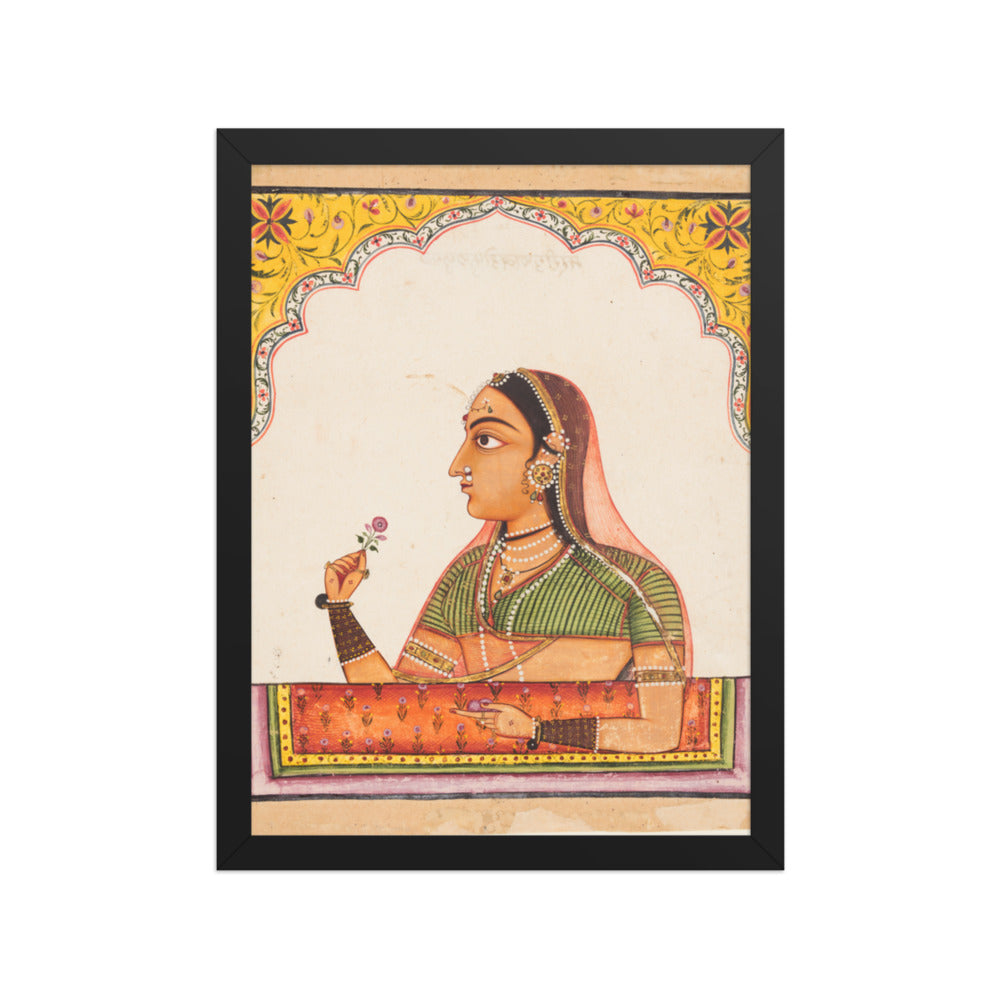 Noblewoman at a Jharokha Window Holding a — Restored Rajput Wall Art — view 2