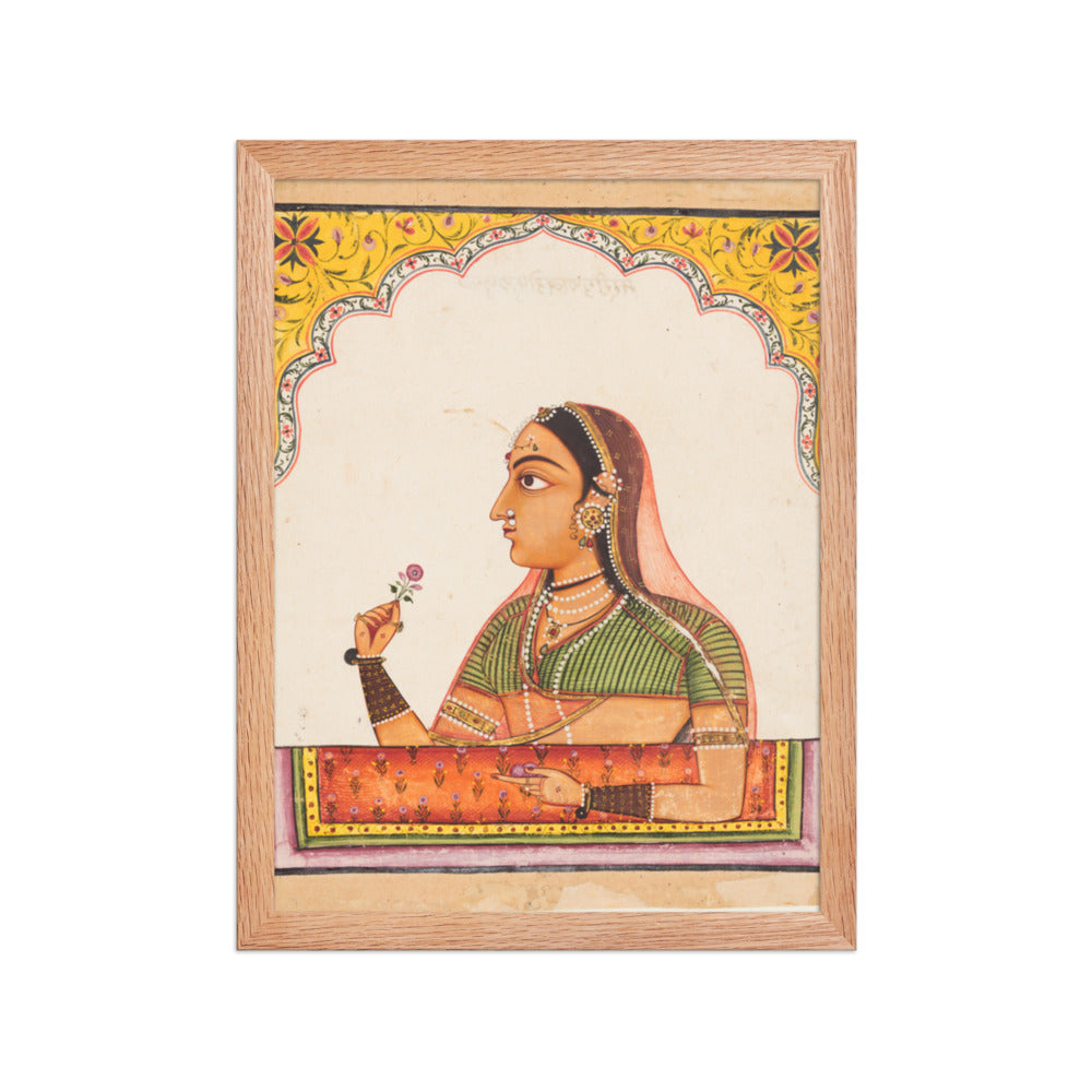 Noblewoman at a Jharokha Window Holding a — Restored Rajput Wall Art — view 4