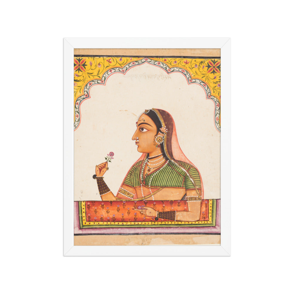 Noblewoman at a Jharokha Window Holding a — Restored Rajput Wall Art — view 6
