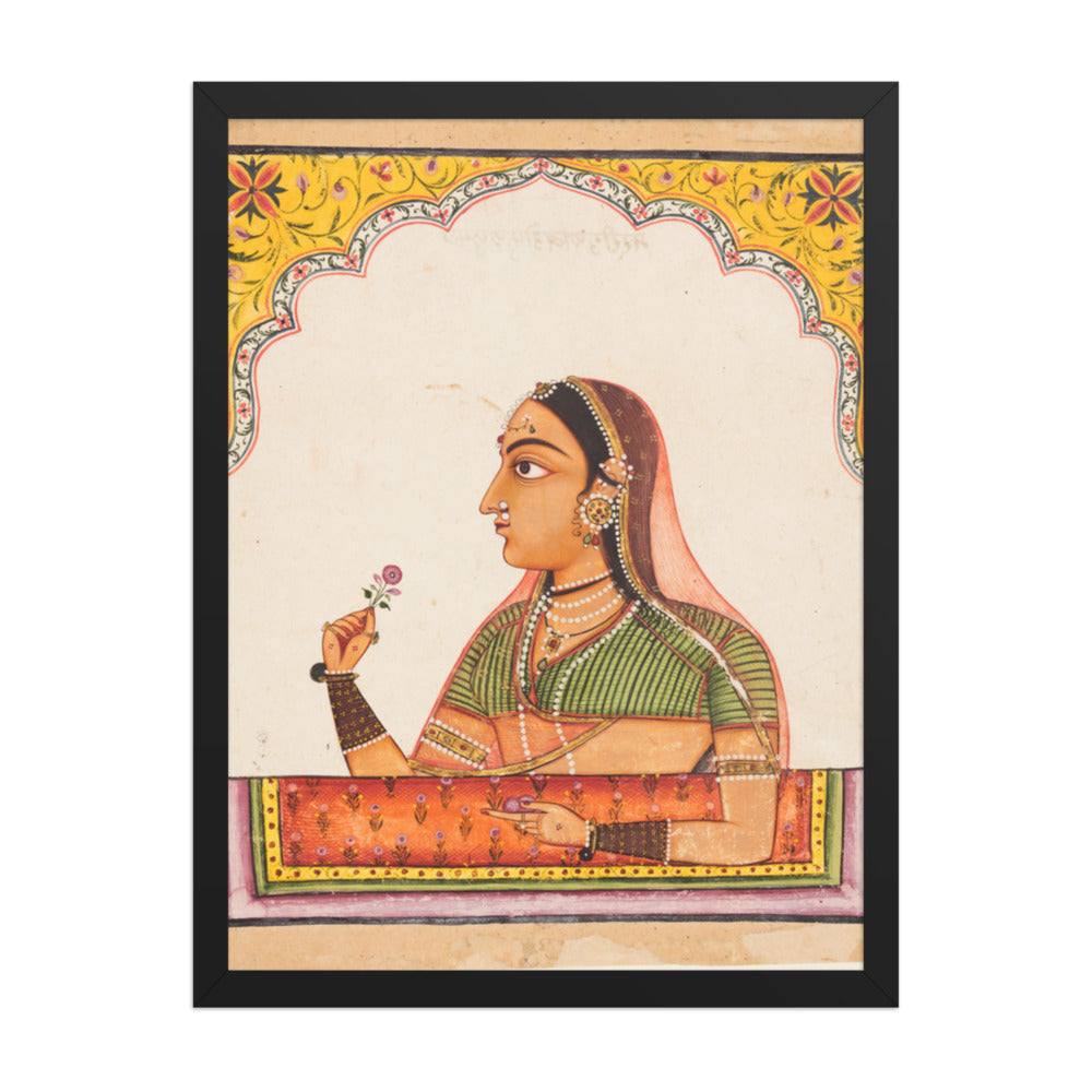 Noblewoman at a Jharokha Window Holding a — Restored Rajput Wall Art — view 1