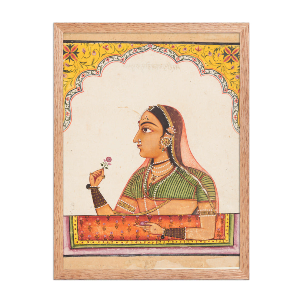 Noblewoman at a Jharokha Window Holding a — Restored Rajput Wall Art — view 3
