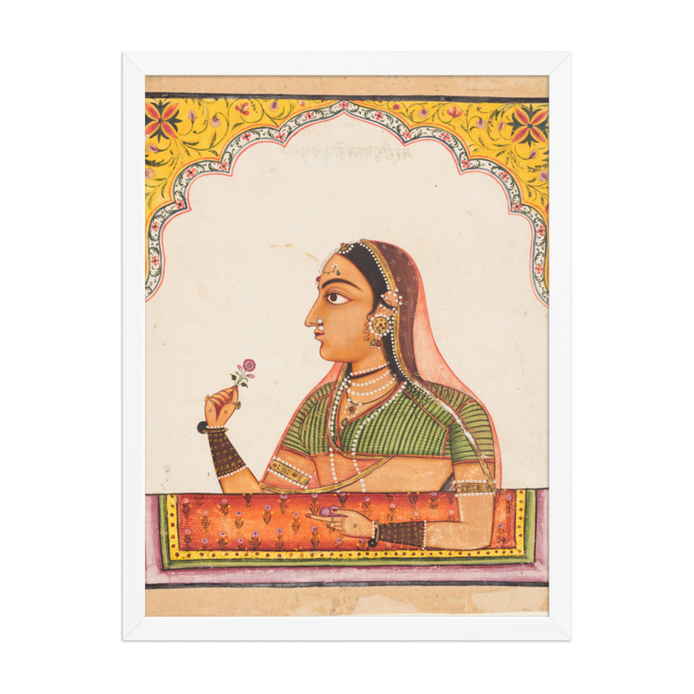 Noblewoman at a Jharokha Window Holding a — Restored Rajput Wall Art — view 5