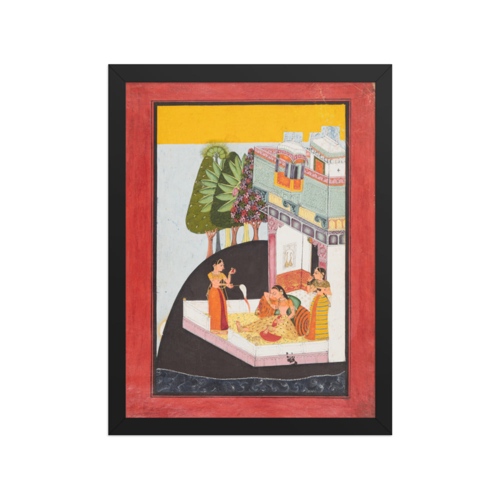 A Disconsolate Lady on a Terrace with Attendants — Restored Rajput Wall Art — view 2