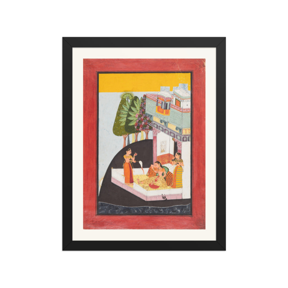 A Disconsolate Lady on a Terrace with Attendants — Restored Rajput Wall Art — view 2