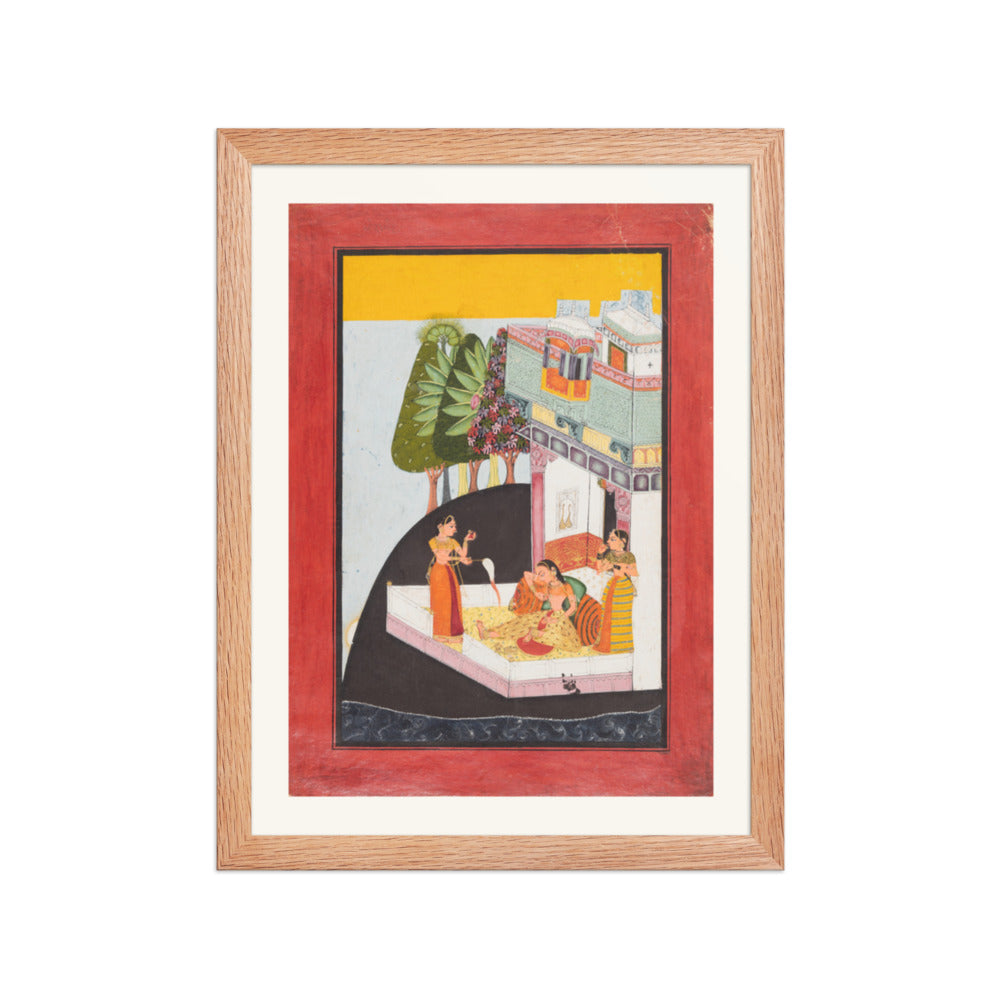 A Disconsolate Lady on a Terrace with Attendants — Restored Rajput Wall Art — view 4