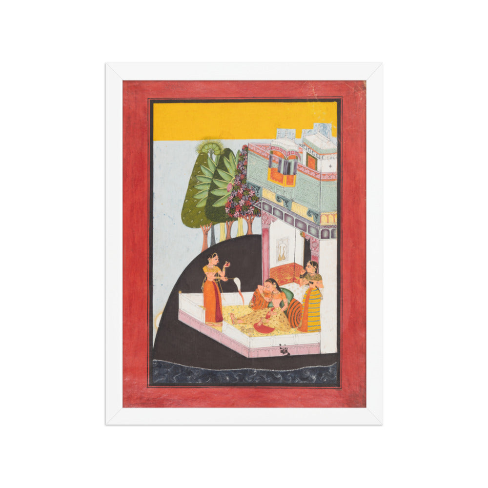 A Disconsolate Lady on a Terrace with Attendants — Restored Rajput Wall Art — view 6