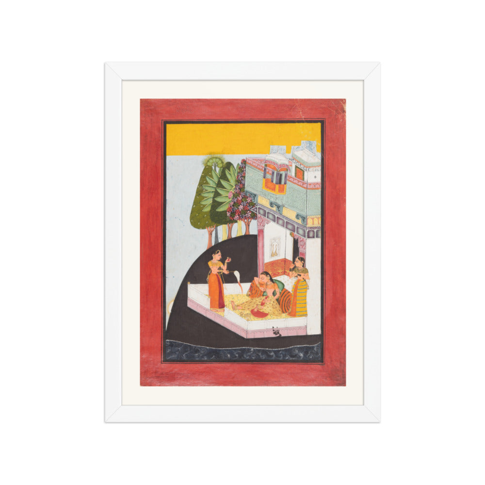 A Disconsolate Lady on a Terrace with Attendants — Restored Rajput Wall Art — view 6