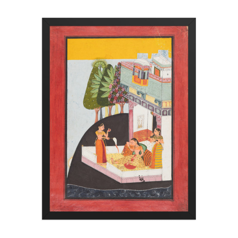 A Disconsolate Lady on a Terrace with Attendants — Restored Rajput Wall Art