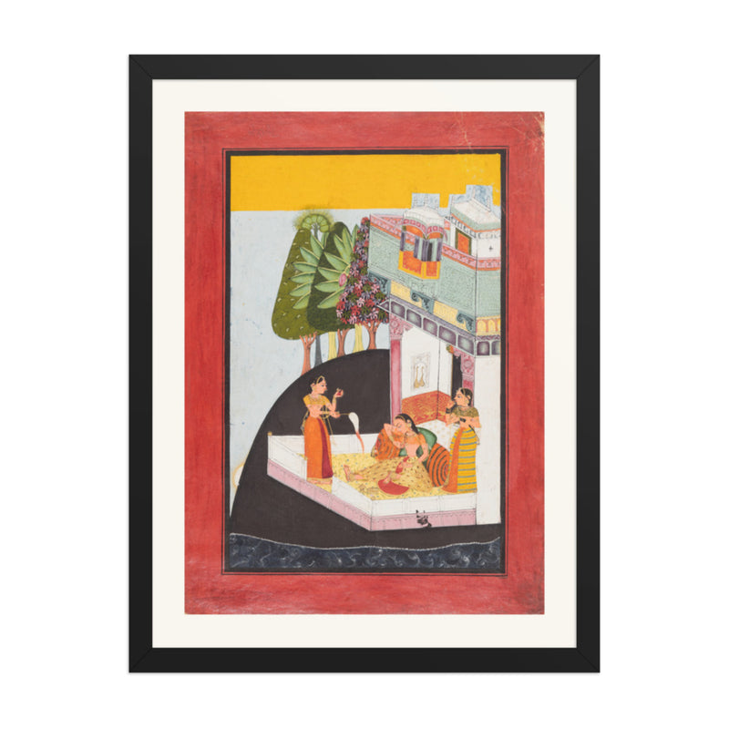 A Disconsolate Lady on a Terrace with Attendants — Restored Rajput Wall Art