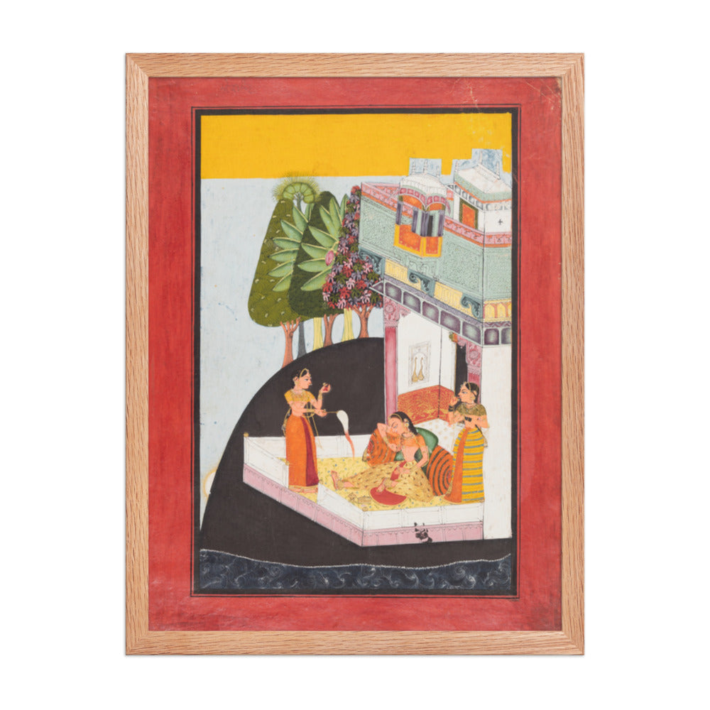 A Disconsolate Lady on a Terrace with Attendants — Restored Rajput Wall Art — view 3
