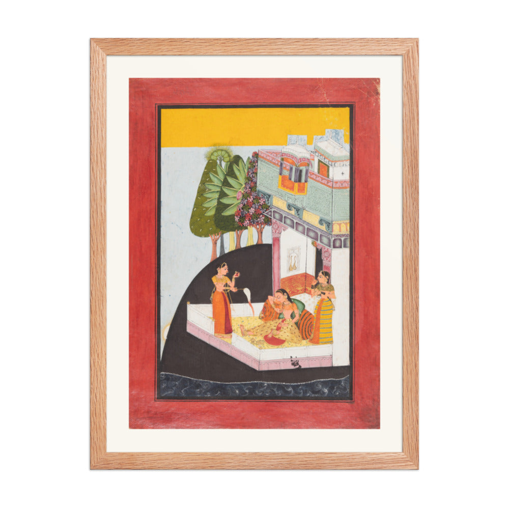 A Disconsolate Lady on a Terrace with Attendants — Restored Rajput Wall Art — view 3