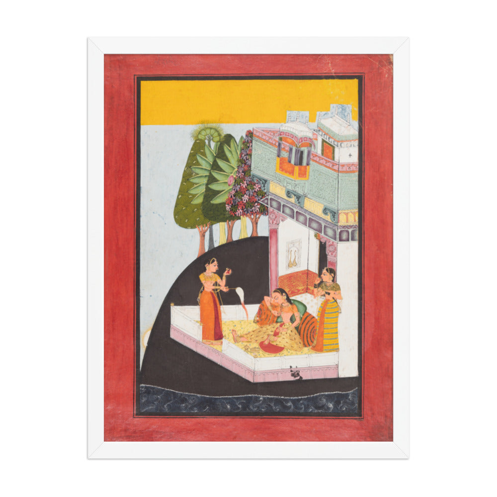 A Disconsolate Lady on a Terrace with Attendants — Restored Rajput Wall Art — view 5