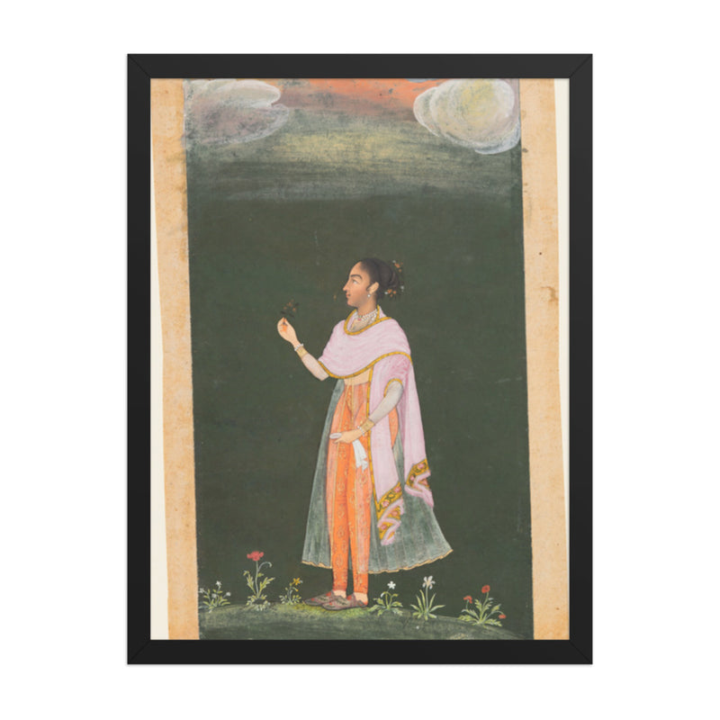 Royal Woman Holding a Flower — Restored Rajput Wall Art