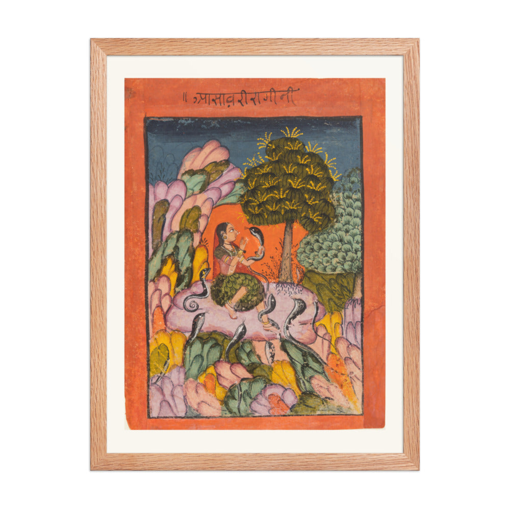A Woman Charms Snakes in the Wilderness: Asavari Ragini, from a Ragamala — Restored Rajput Wall Art — view 3