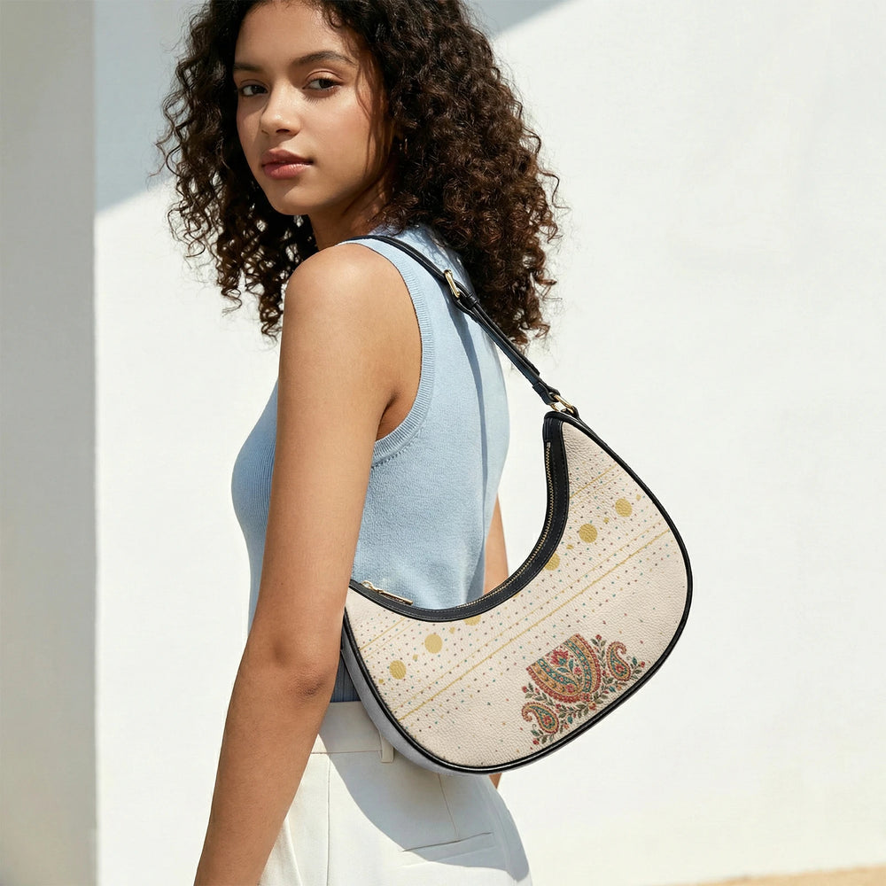 Embroidered Buta — Ivory Crescent Shoulder Bag — view 14