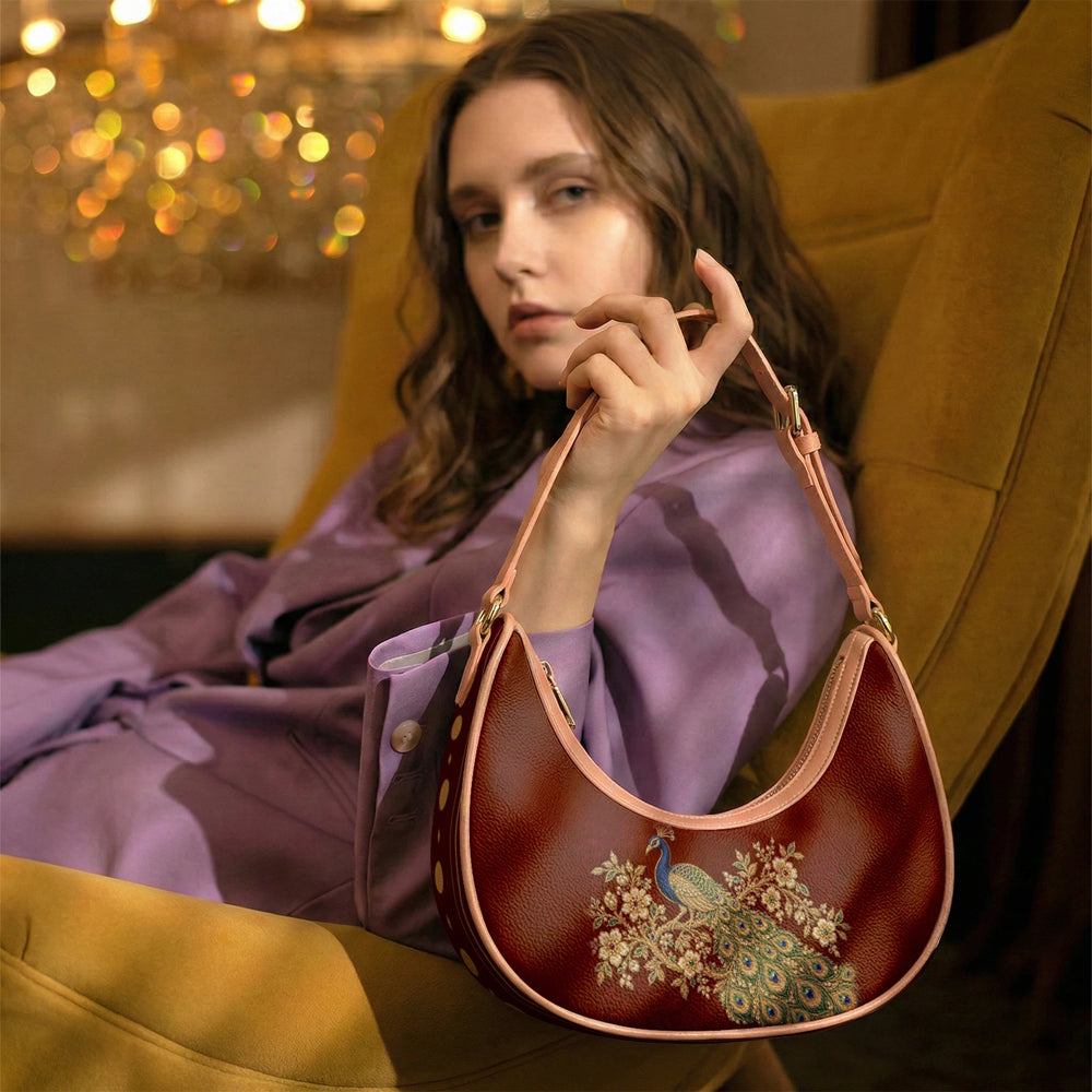 Zardozi Peacock — Maroon & Gold Crescent Shoulder Bag — view 17