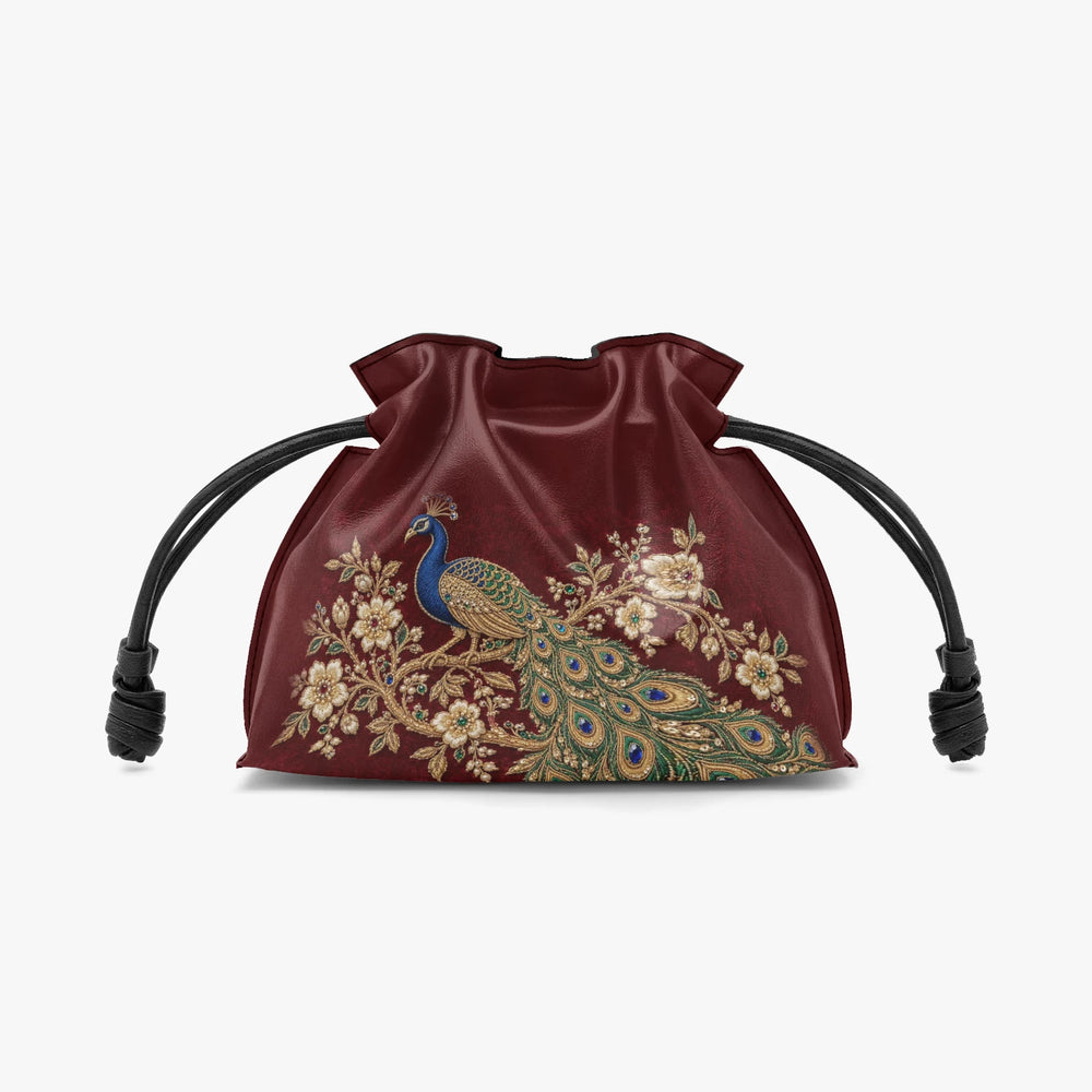 Zardozi Peacock — Maroon & Gold Drawstring Pouch Bag — view 2