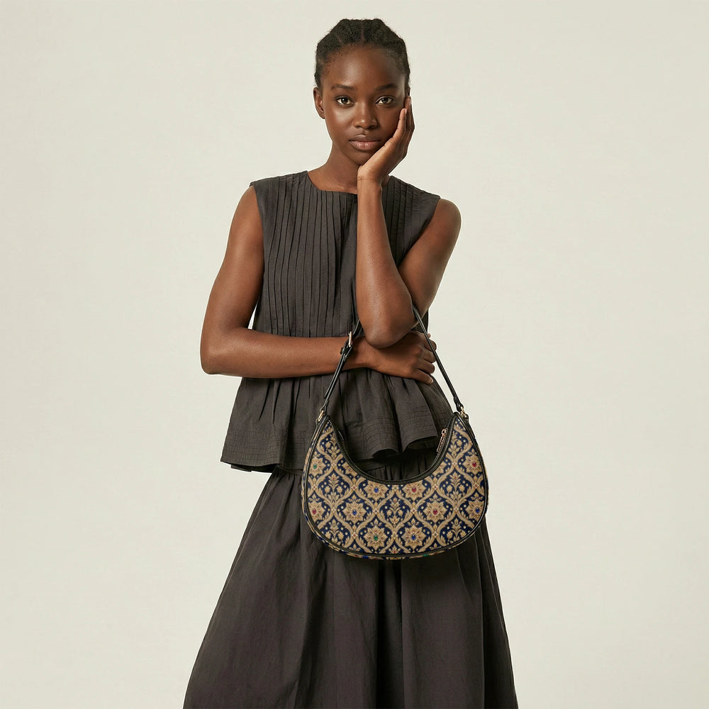 Zardozi Midnight — Navy & Gold Crescent Shoulder Bag — view 15
