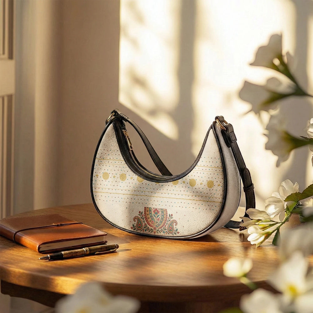 Embroidered Buta — Ivory Crescent Shoulder Bag — view 12