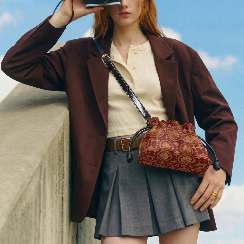 Bagru Lotus — Madder Red Drawstring Pouch Bag — view 8