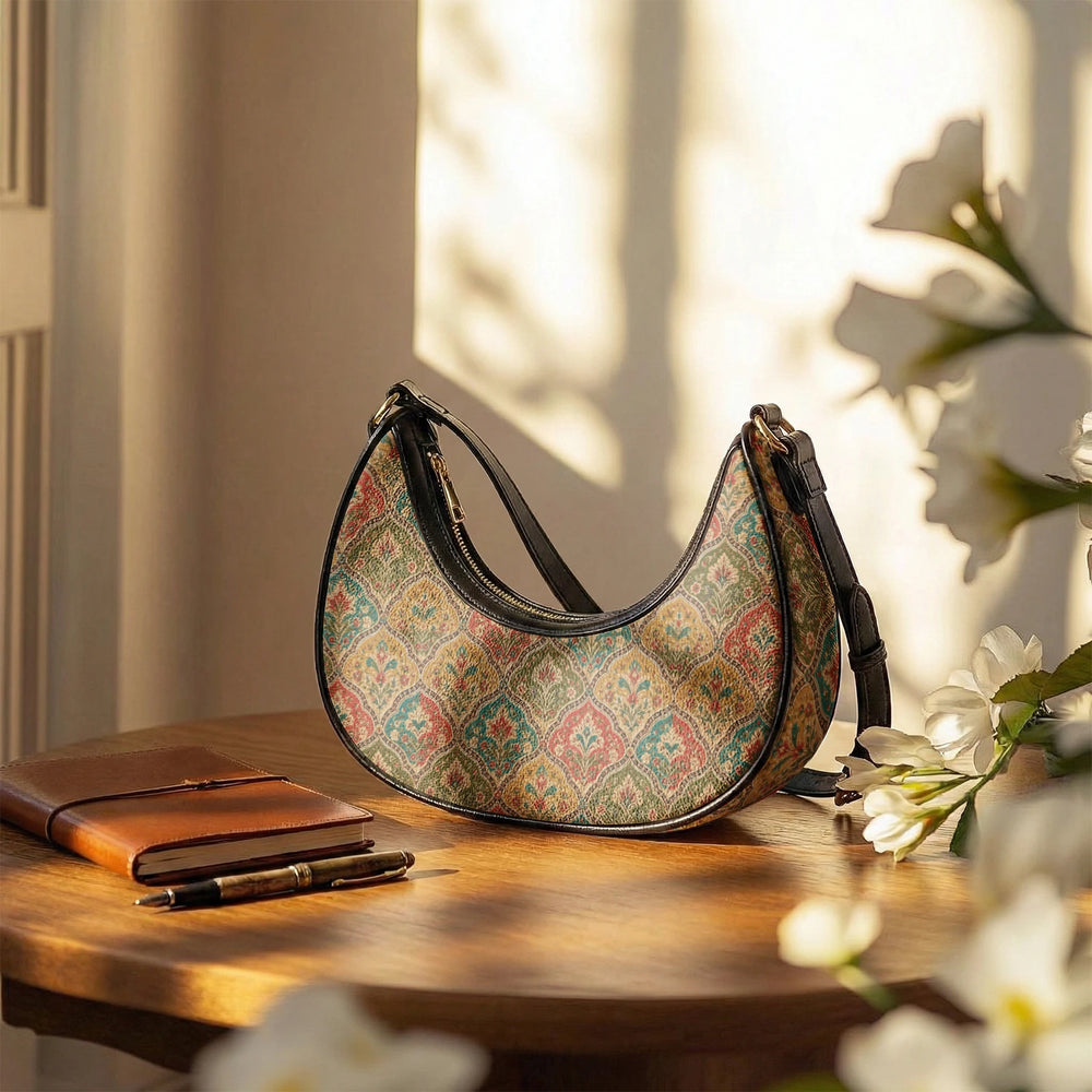 Mehrab Block Print — Ochre & Teal Crescent Shoulder Bag — view 11