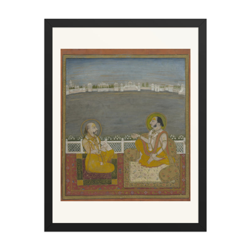 A Prince and Companion on a Terrace — Restored Rajput Wall Art