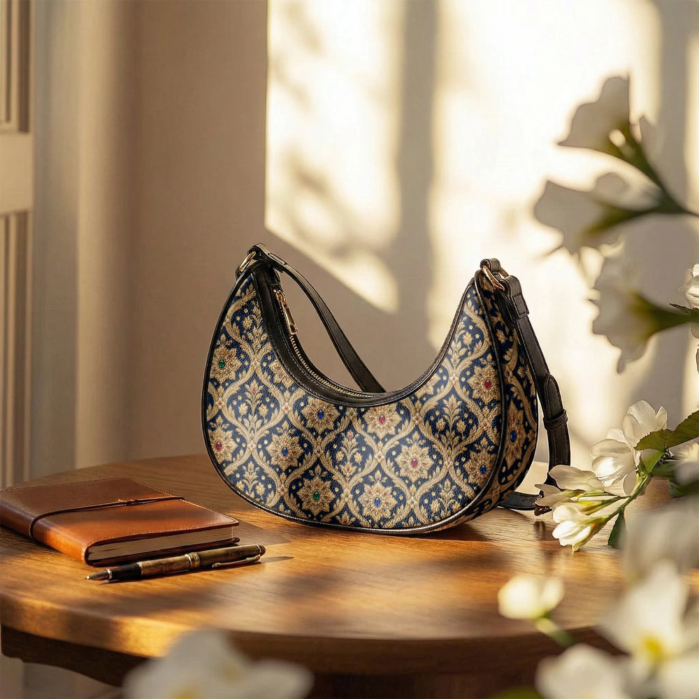 Zardozi Midnight — Navy & Gold Crescent Shoulder Bag — view 11