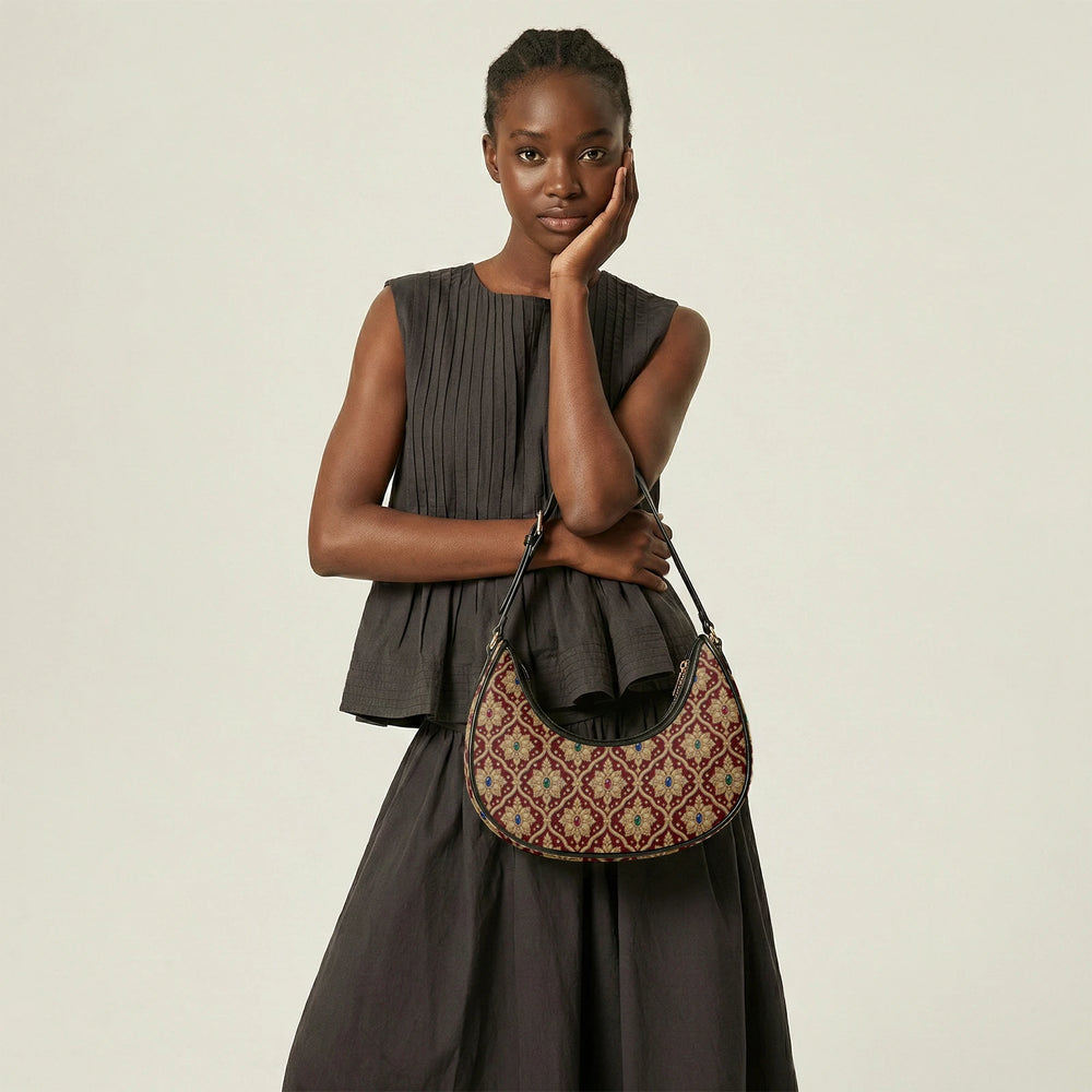 Shahi Zardozi — Wine & Gold Crescent Shoulder Bag — view 16