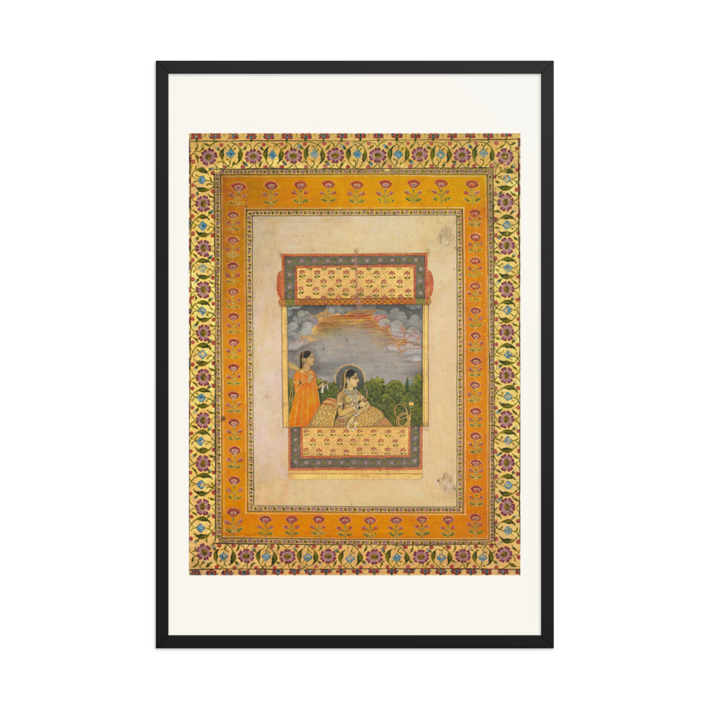Princess and attendant in trompe l’oeil window — Restored Mughal Wall Art — view 8