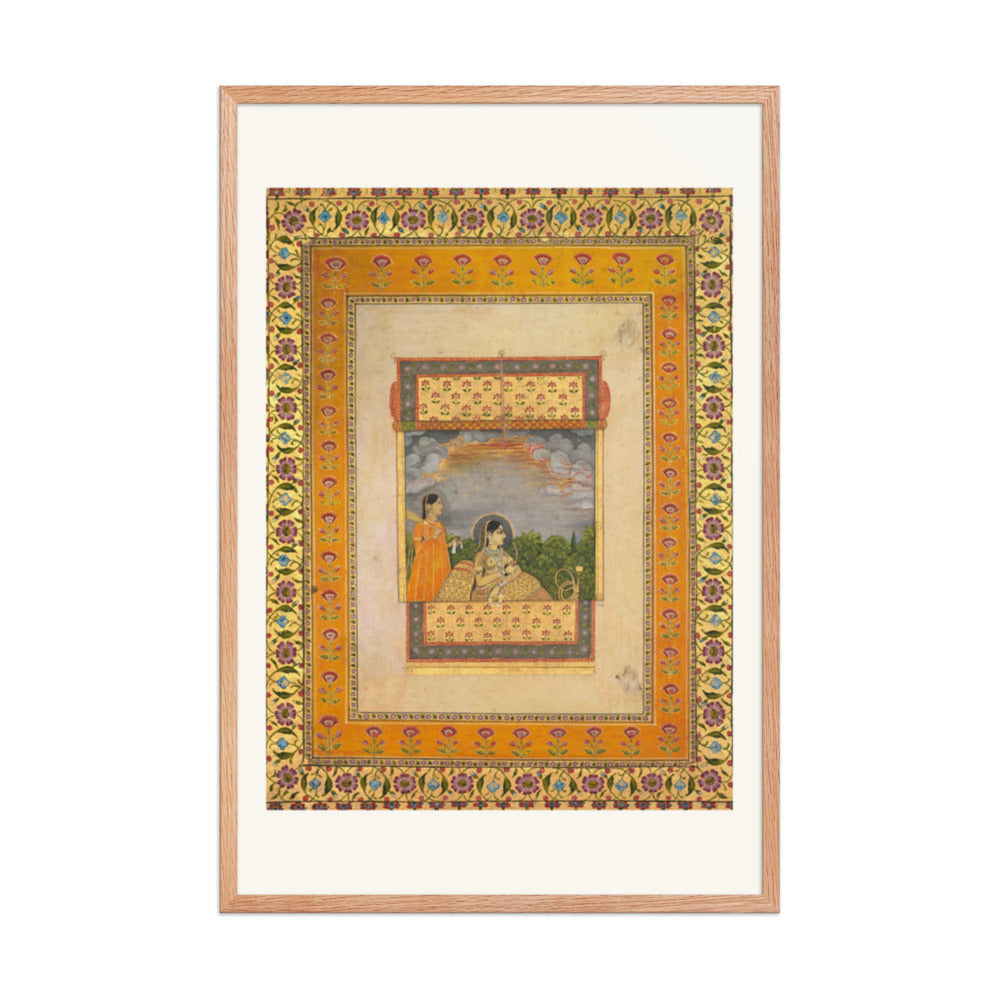 Princess and attendant in trompe l’oeil window — Restored Mughal Wall Art — view 9