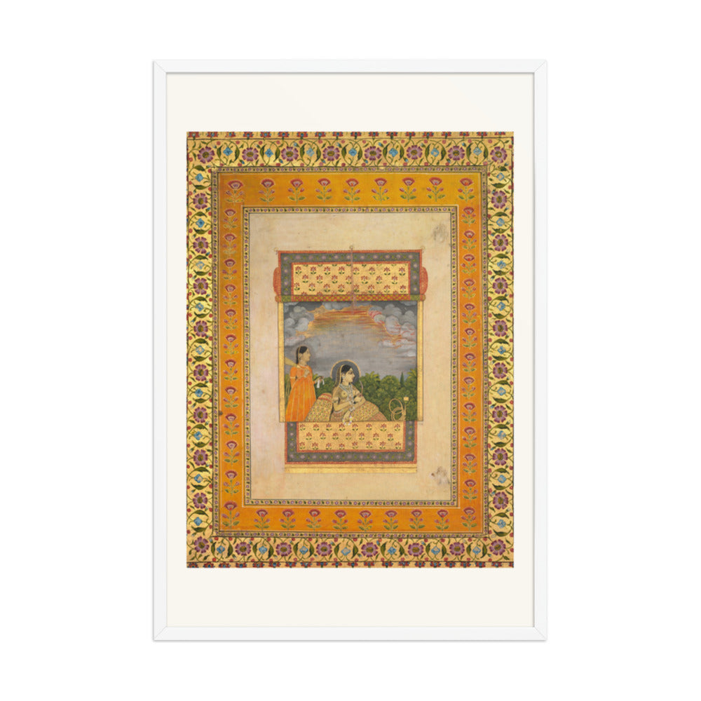 Princess and attendant in trompe l’oeil window — Restored Mughal Wall Art — view 10