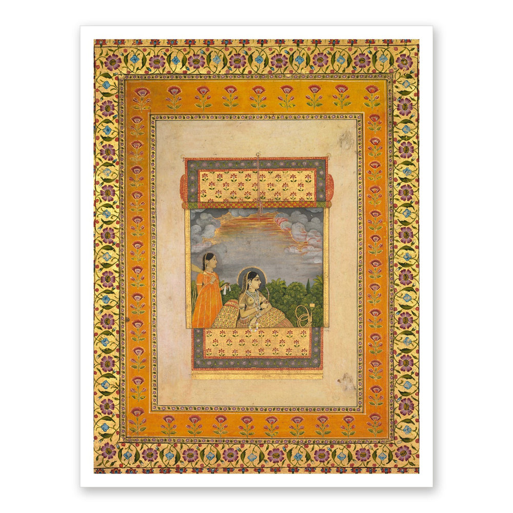 Princess and attendant in trompe l’oeil window — Restored Mughal Wall Art — view 7