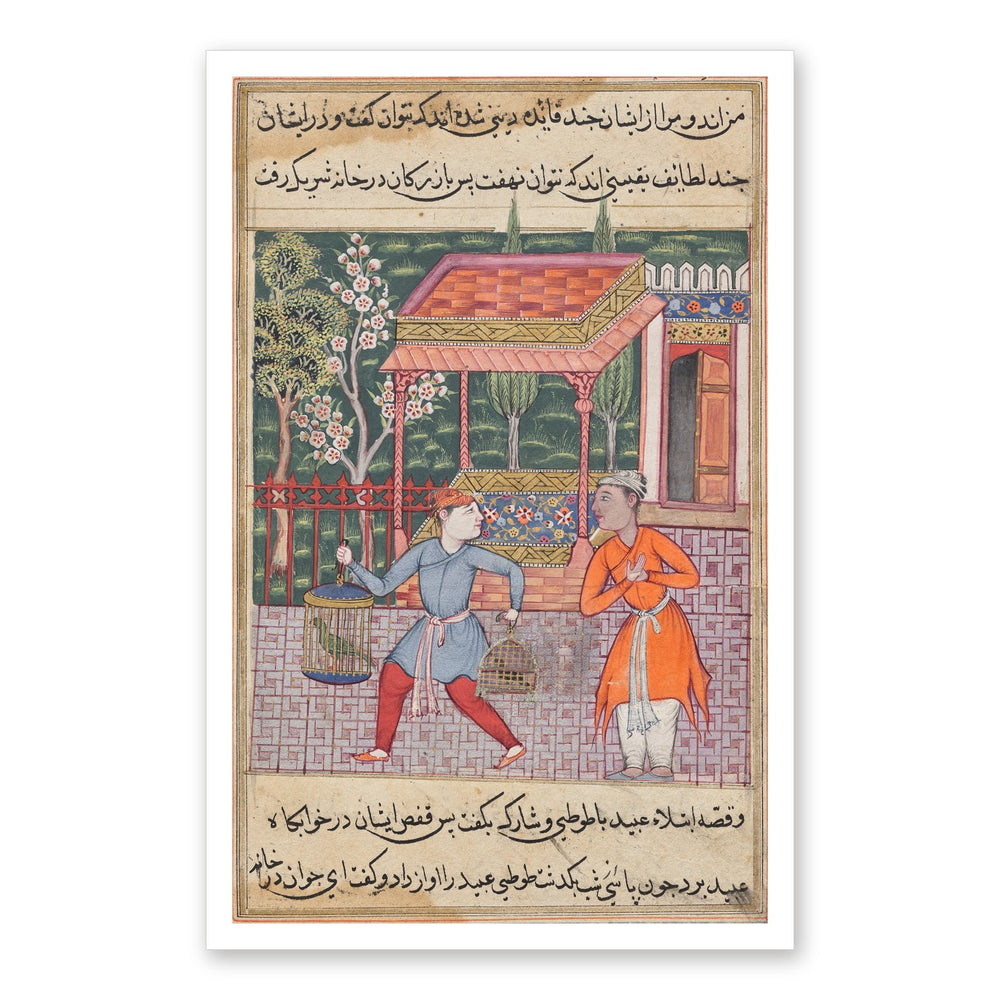 The Merchant of Tirmiz with the Parrot and Myna, from a Tuti-nama (Forty-second Night) — Restored Mughal Wall Art — view 7