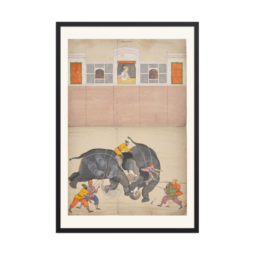 Two Elephants Fighting in a Courtyard Before Muhammad Shah — Restored Pahari Wall Art — view 8