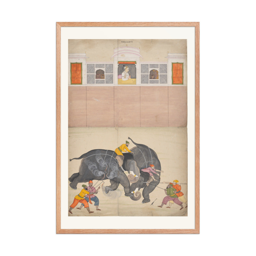 Two Elephants Fighting in a Courtyard Before Muhammad Shah — Restored Pahari Wall Art — view 9