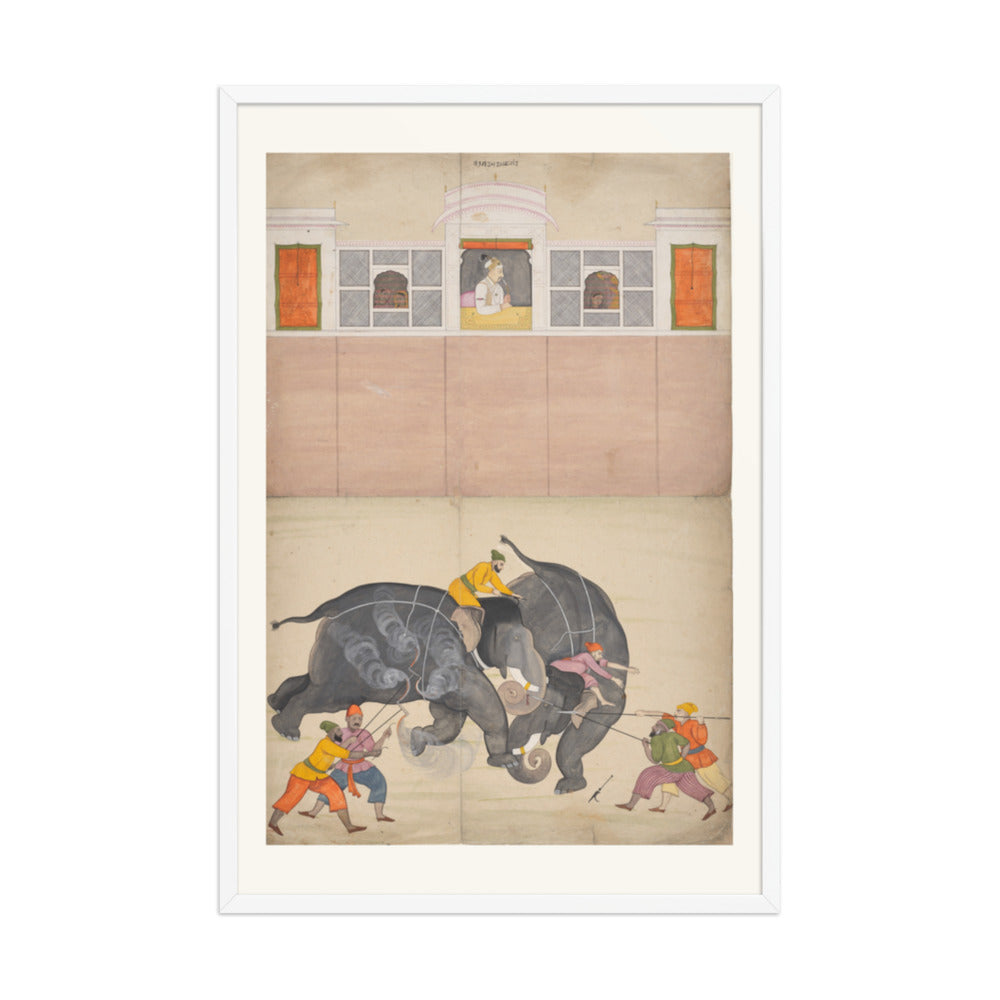 Two Elephants Fighting in a Courtyard Before Muhammad Shah — Restored Pahari Wall Art — view 10