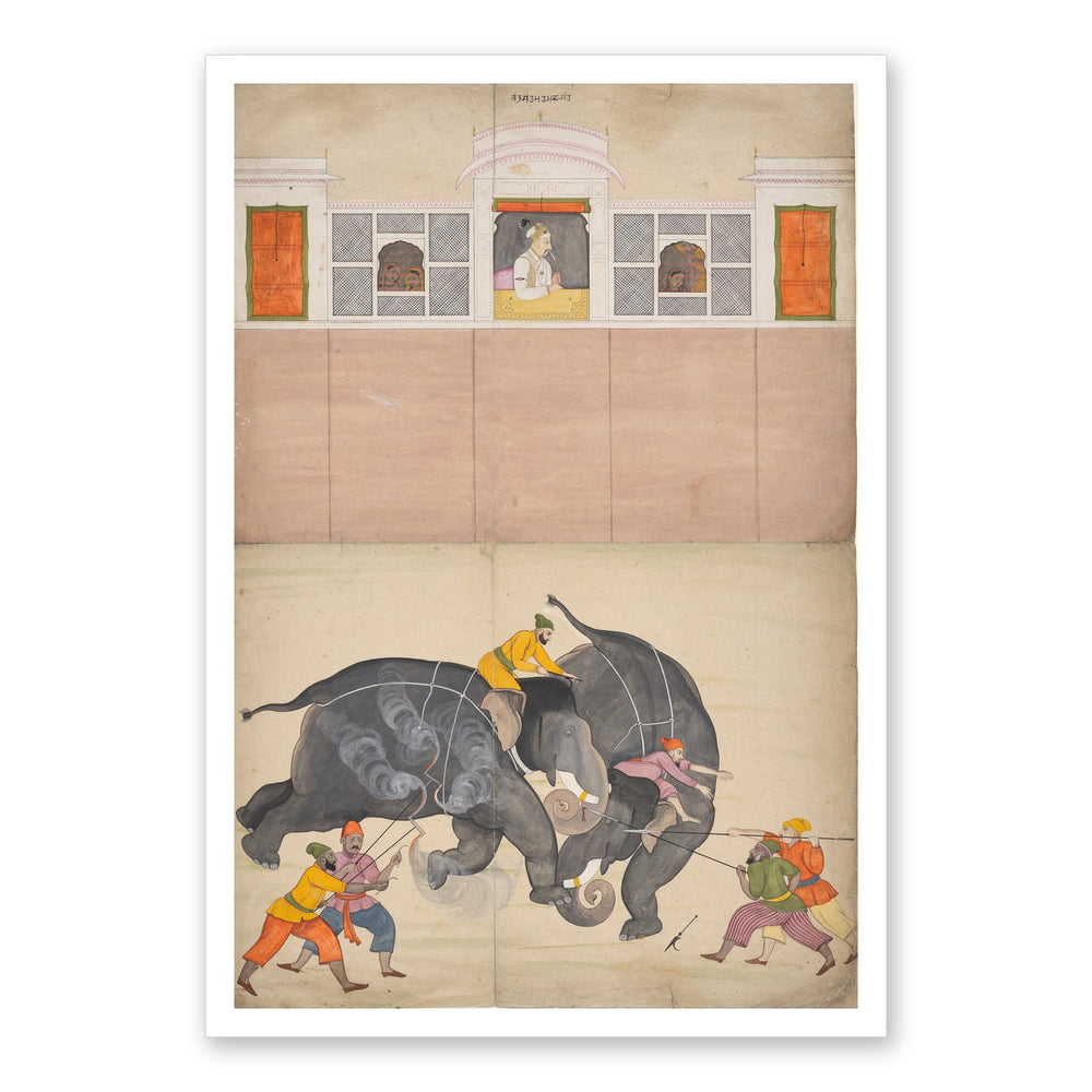 Two Elephants Fighting in a Courtyard Before Muhammad Shah — Restored Pahari Wall Art — view 7