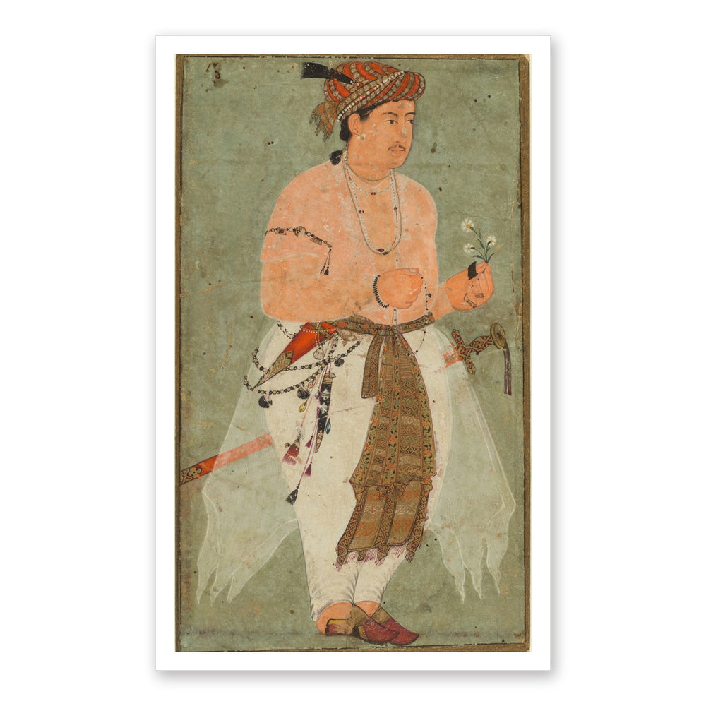 A Mughal Prince, Perhaps Danyal, Holding a Sprig of Flowers — Restored Mughal Wall Art — view 7