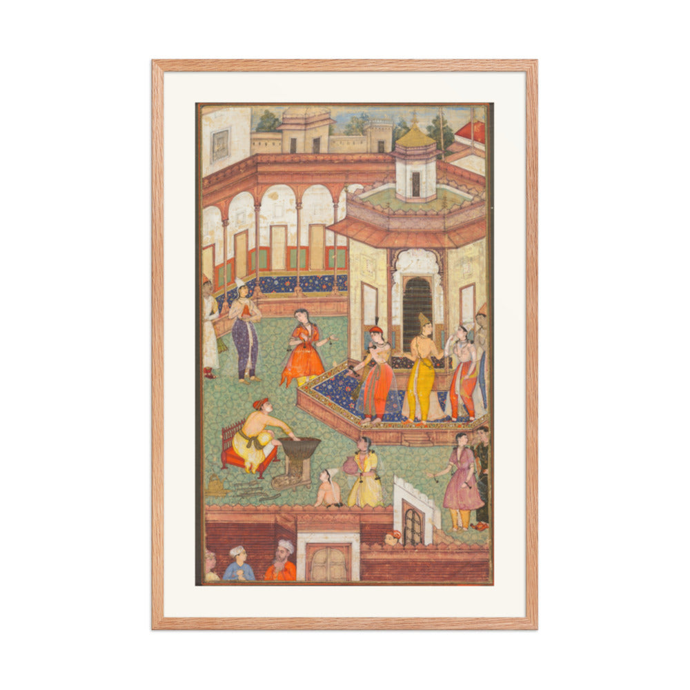 A Man Dips His Hand into a Cauldron as Ladies of the Harem Stand in — Restored Mughal Wall Art — view 9