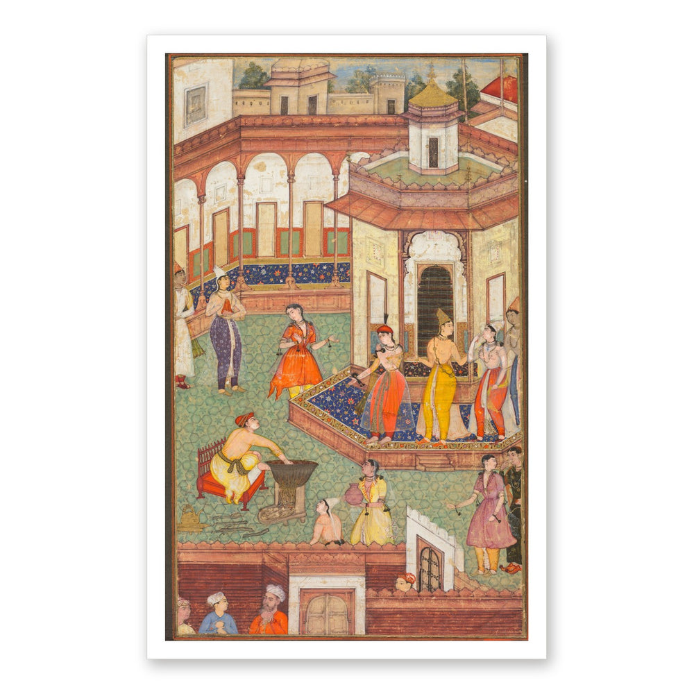 A Man Dips His Hand into a Cauldron as Ladies of the Harem Stand in — Restored Mughal Wall Art — view 7