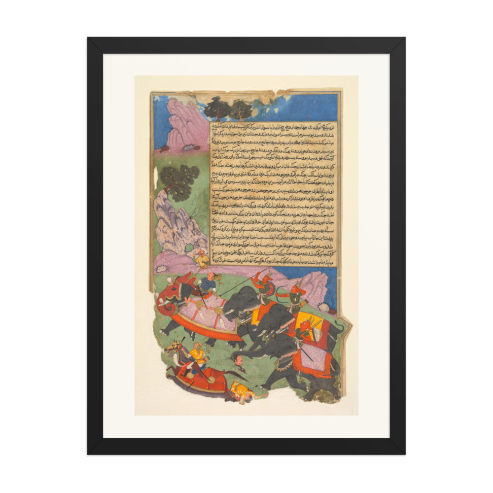 Ghatotkacha Chases Bhagadatta, by Fazl — Razmnama | Restored Mughal Wall Art — view 1