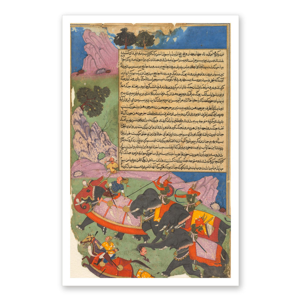 Ghatotkacha Chases Bhagadatta, by Fazl, from a Razm-nama — Restored Mughal Wall Art — view 7