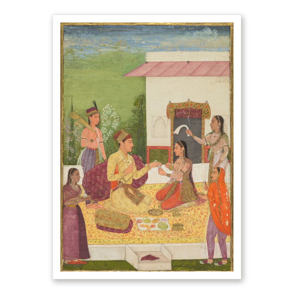 A prince conversing with a woman while taking refreshments on a terrace — Restored Mughal Wall Art — view 7