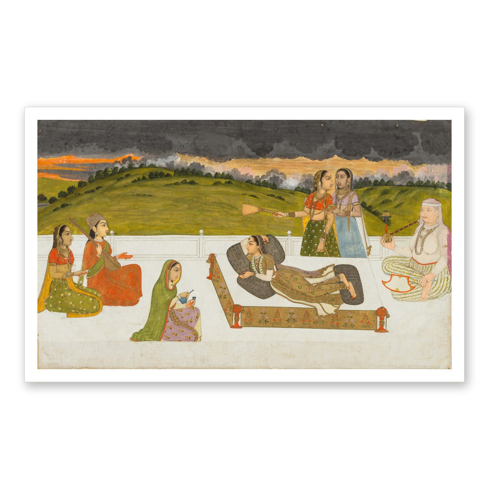 A princess reclining on a terrace with attendants — Restored Mughal Wall Art — view 7
