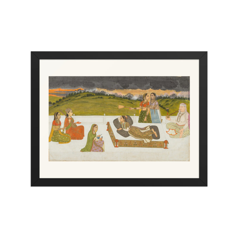A princess reclining on a terrace with attendants — Restored Mughal Wall Art