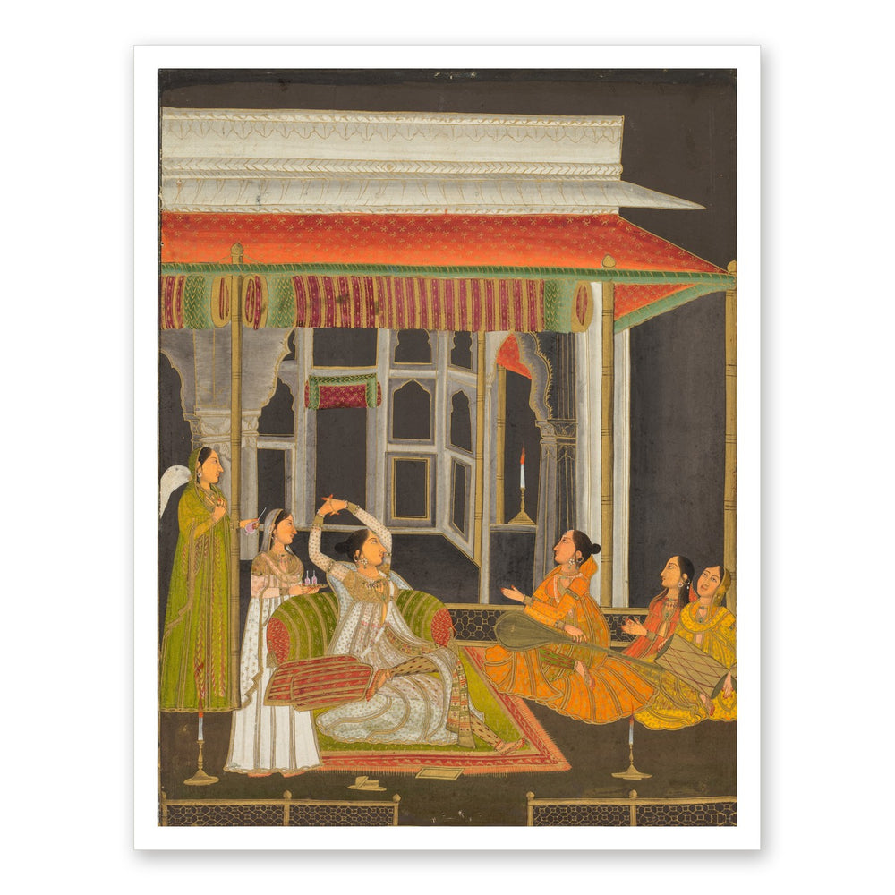 A Princess on a Terrace with Attendants at Night — Restored Mughal Wall Art — view 7