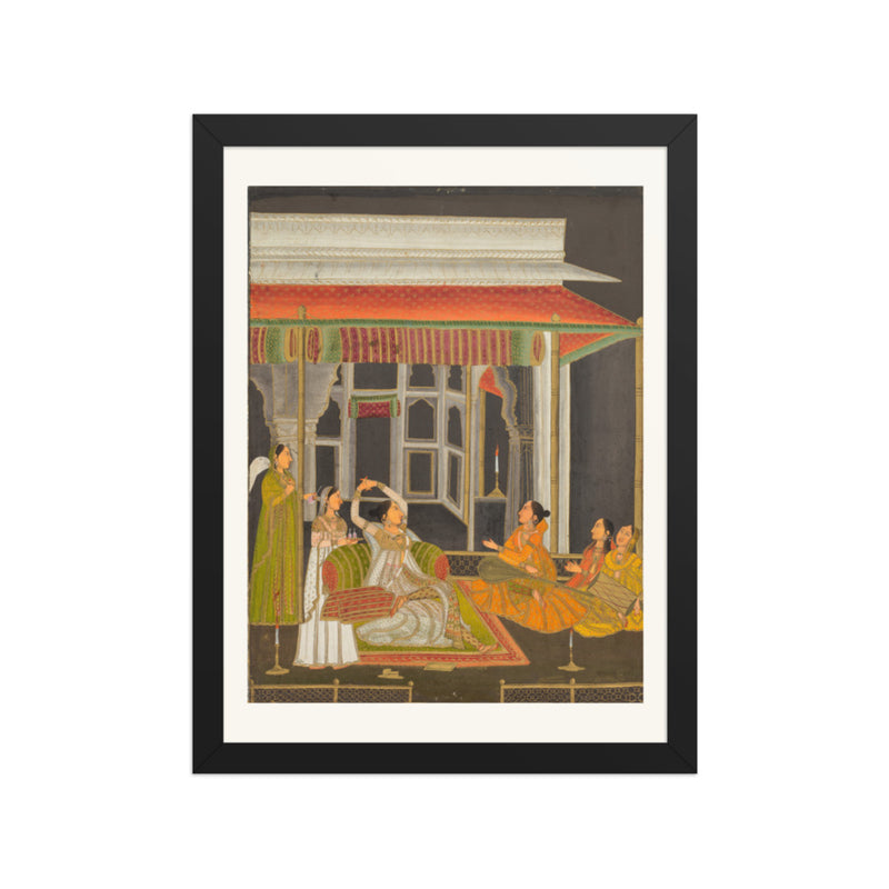 A Princess on a Terrace with Attendants at Night — Restored Mughal Wall Art